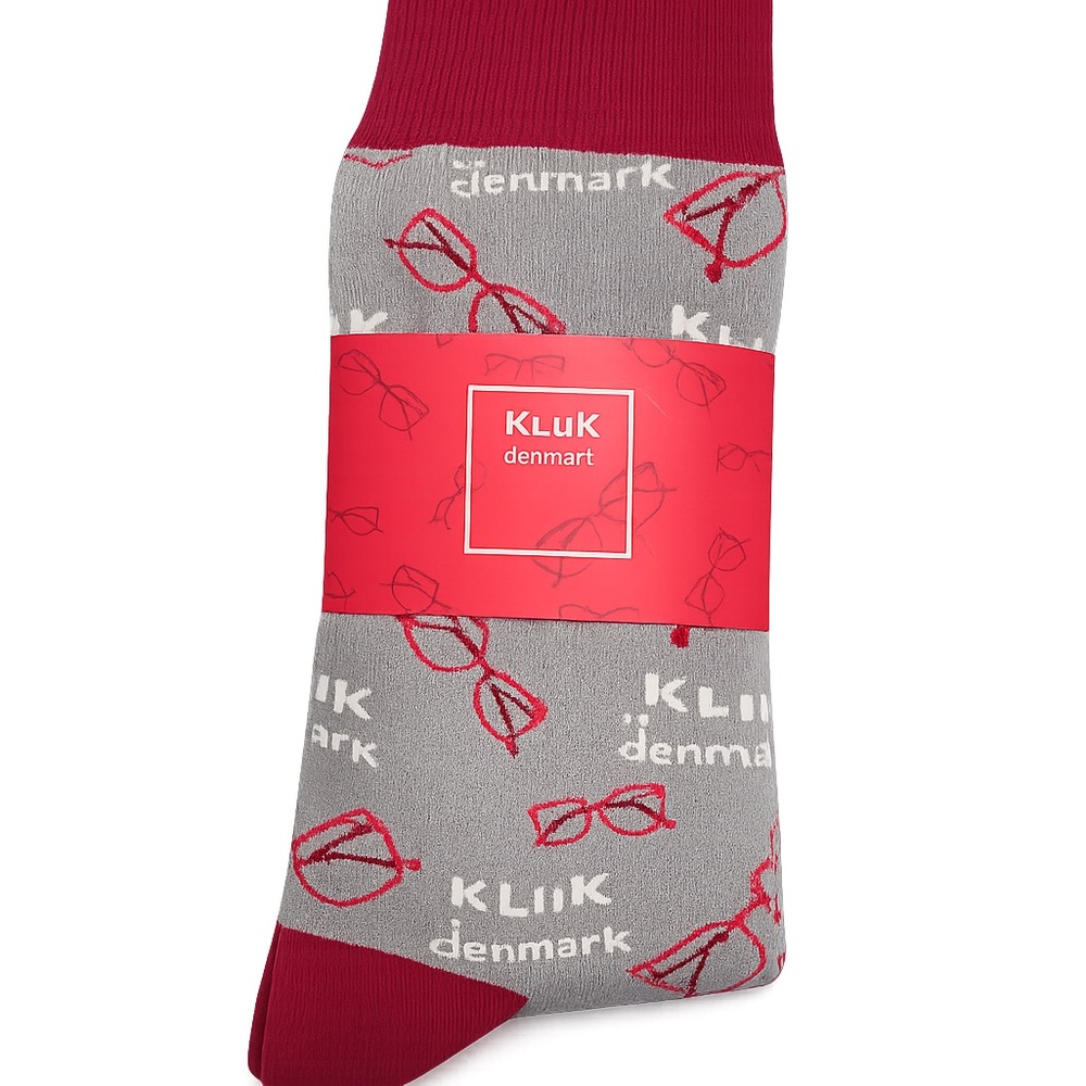KLiik Denmark Novelty Dress Socks Glasses‎ Print Gray/Burgundy – New w/ Tags